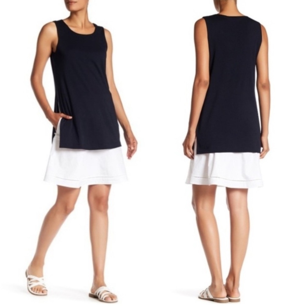 Theory Malkan T Classic Tee Sleeveless Overlay Dress, Navy Blue / White, Small